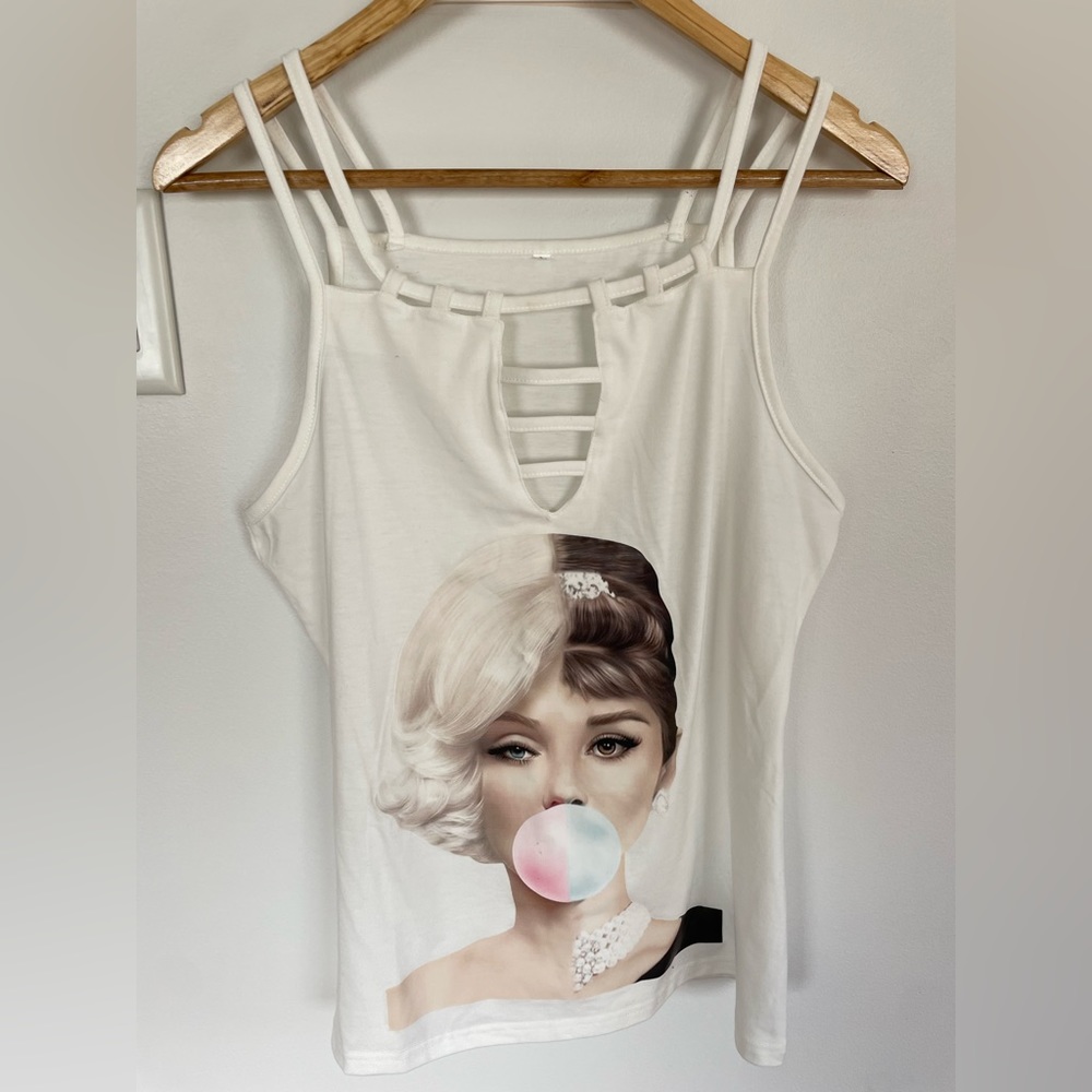 Women’s White Graphic Strappy Tank Top - Bubblegum Portrait